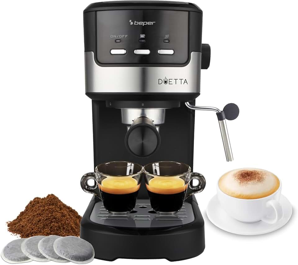 BEPER P101CAF100 Duetta Espresso-Kaffeemaschine, 1100W, Kompatibel mit Pads und Kaffeepulver, Kaffeemaschine mit doppeltem Auslaufarm, 15 bar, Tassenwärmer, Messbecher und Presser inklusive, Schwarz