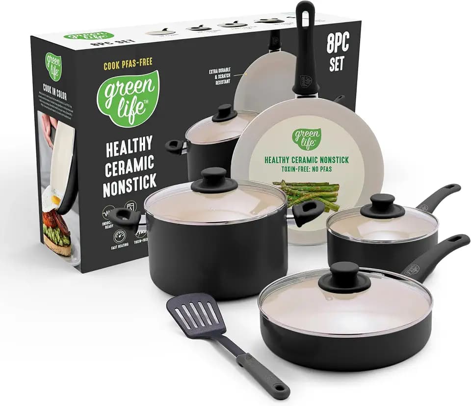 GreenLife 8 Piece Nonstick Cookware Set, Non-Toxic PFAS-Free Ceramic Pots & Pans, Dishwasher & Oven Safe, Frying, Sauce, Stock Pot, Glass Lids, Stay-Cool Handles, Wobble Free, Black