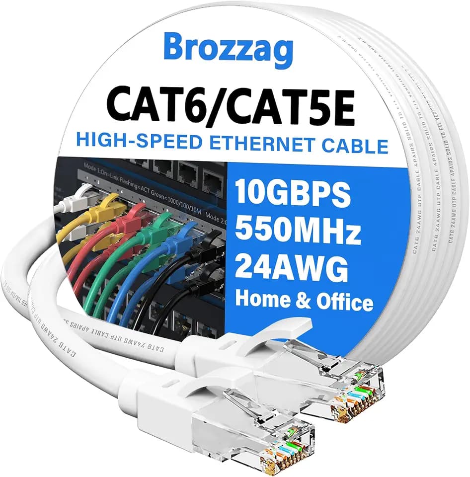 Ethernet Cable 60ft for Cat6/Cat5E, 24AWG 10Gbps High Speed Snagless Patch Cord, Compatible with Cat8/Cat7, Network Cable PoE Support, Standard RJ45 Connector for PC/Server/Router/Modem/TV/PS5, White