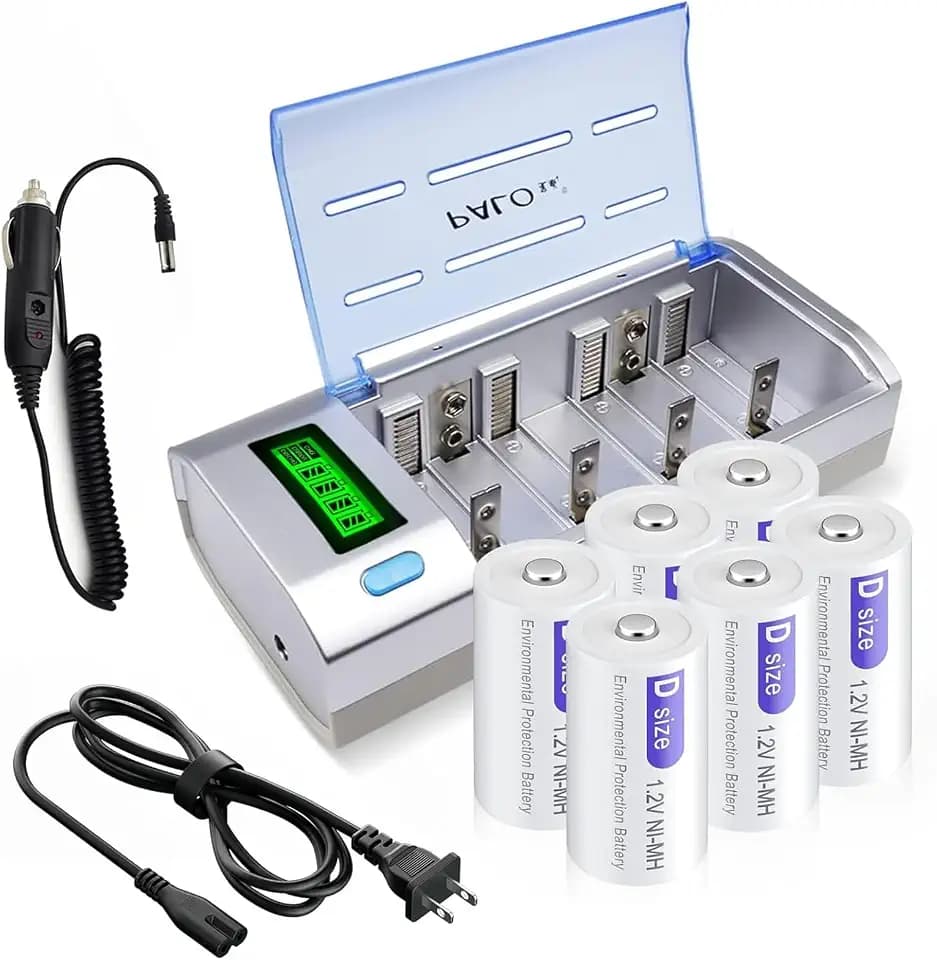6 Packs D Rechargeble Batteries with Charger for C D 9V AA AAA Battery丨Discharge Function丨3 Batteries Box and Car Charger Cable