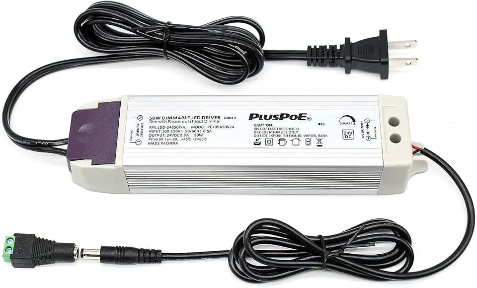 PLUSPOE LED Light Strip 50W Dimmable Driver(2A),Magnetic,110V AC to 24V DC Transformer,Low Voltage Power Supply,Compatible with Lutron and Leviton dimmer, for Kitchens, Cabinets, Bedrooms and More