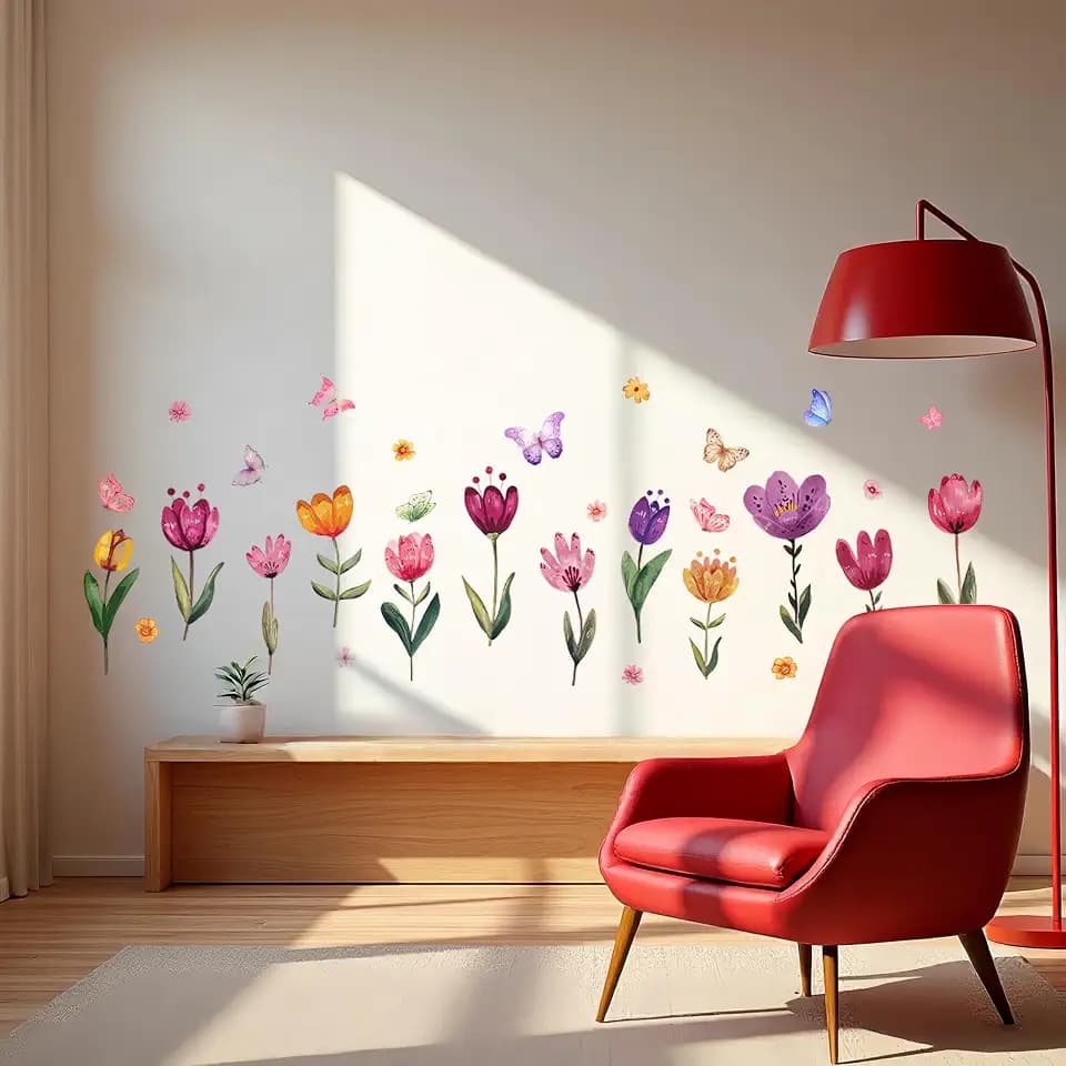 Colourful Tulips Butterflies Wall Stickers Decor Flowers Wall Decals Peel and Stick Removable Floral Nature Home Wall Art for Living Room Bedroom Office