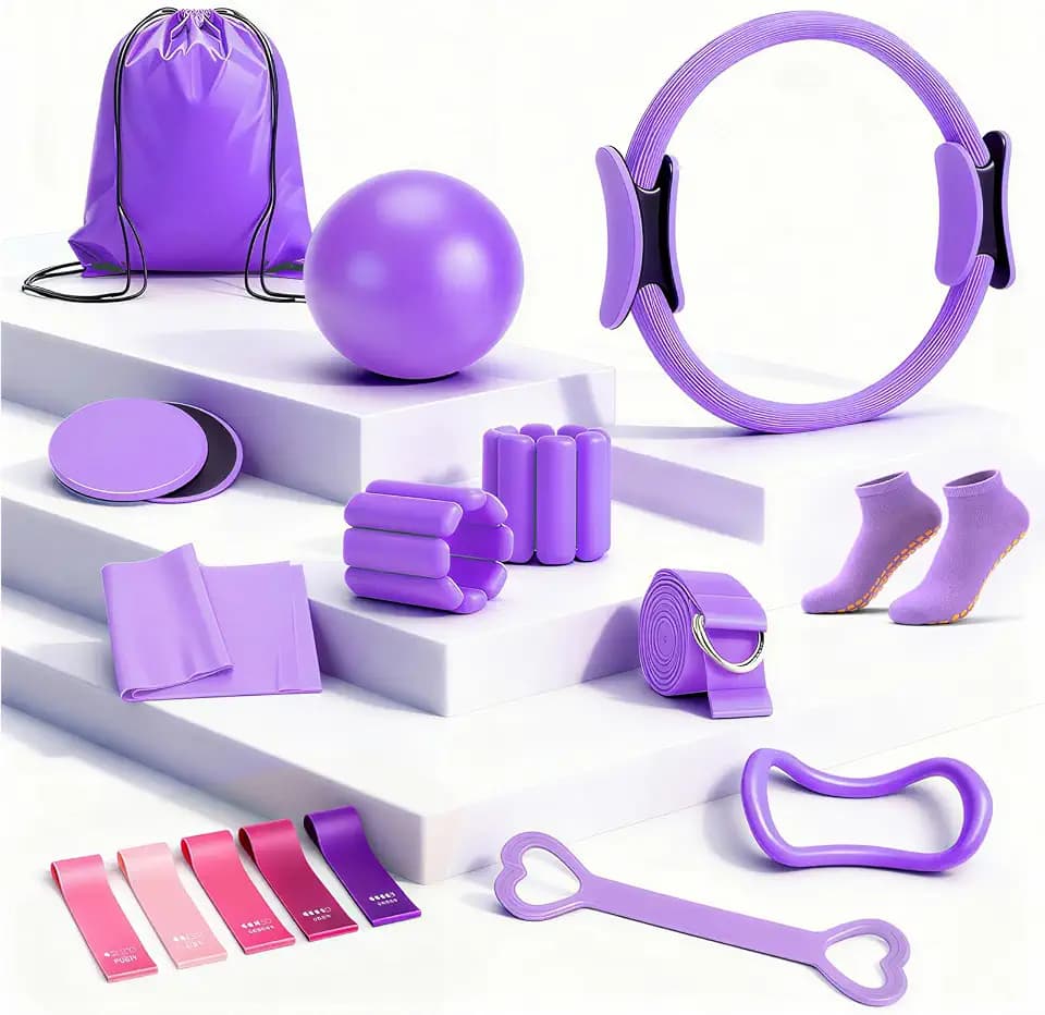 19 PCS Pilates Kit, Sand White/ Red Brown Pilates Sets with Yoga Block