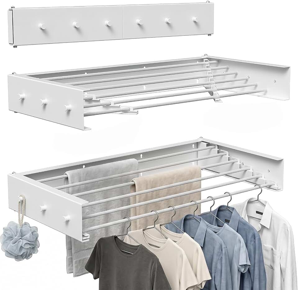 Sonnewelt Wand-Wäscheständer klappbar 100 cm mit Haken, 1,45 mm verstärkter Karbonstahl, 30 kg Tragkraft, 6 Aluminium-Trockenstangen, wetterfester Wandtrockner für Innenbereich, Balkon & Garten, Weiß