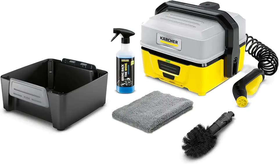 Kärcher Druckreiniger OC 3 Bike Box, Niederdruck, Fördermenge: 2 l/h, Gewicht: 2,2 kg, 4 l-Tank, Spiralschlauch: 2,8 m, Flachstrahldüse, Universalbürste, Reinigungsmittel, Mikrofasertuch, Zubehörbox