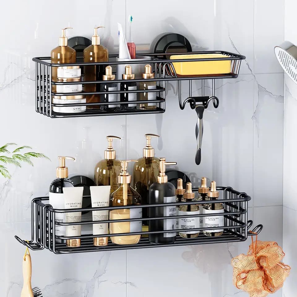 LEVERLOC Shower Caddy Suction Cup, 2 Pack Suction Shower Shelf With Hooks