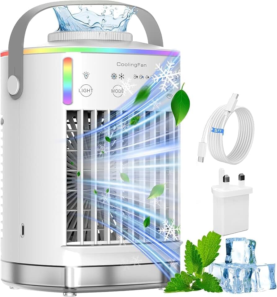 Luftkühler, Tragbare Klimaanlage, 4 in 1 Mini Klimaanlage, 2 Cool Mist, 4 Windgeschwindigkeiten, 7 RGB-Licht & Timer, Persönlicher Luftkühler Ventilator für Zuhause, Büro, Schlafzimmer (Weiß)