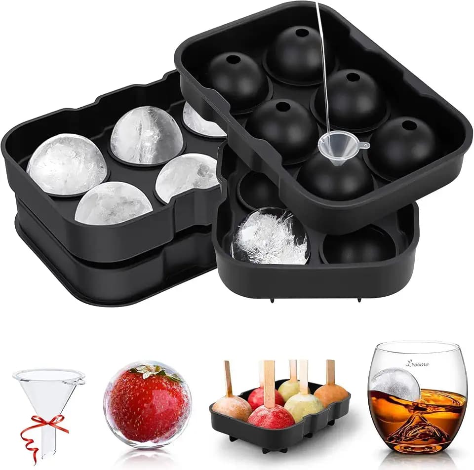 LessMo Eiswürfelform Silikon, XXL Eiskugelformer 2 Pack mit Deckel und Trichter, BPA-frei und FDA-Zugelassen, Schwarz, für Whisky, Cocktails und Babynahrung