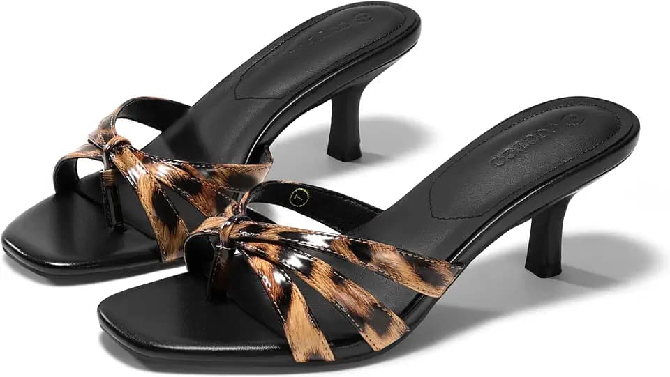 Coutgo Womens Strappy Kitten Heels Sandals Square Open Toe Flip Flops Slip On Slides Summer Dress Shoes