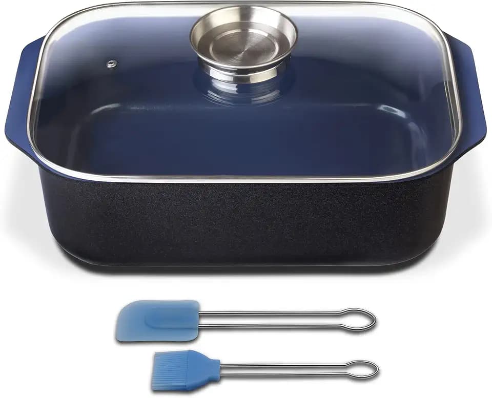 GSW Viereckbräter Ceramica – hochwertiger Bräter mit Deckel, inkl. Backpinsel-Set, ideal zum Schmoren und Braten, auch für Induktion und Backofen – Blau, Aluguss, 8 Liter