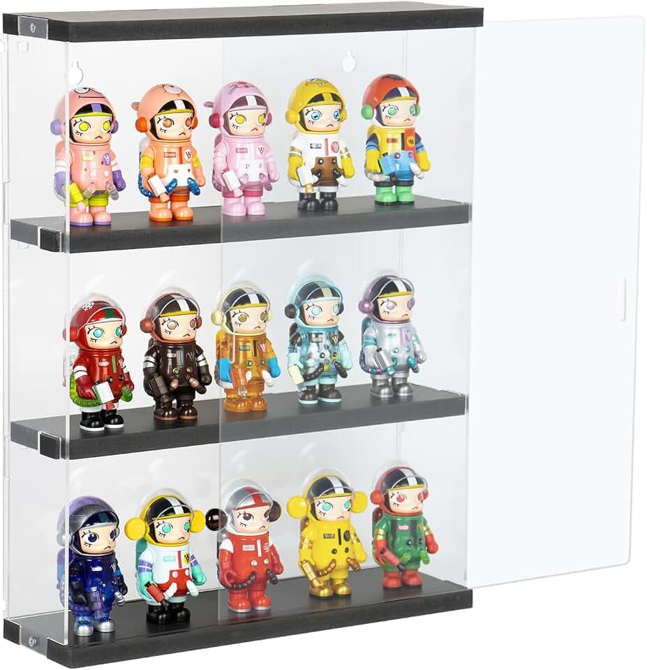 3 Ebenen Vitrine für Sammlung aus Acryl, Wand-Box, transparente Vitrine mit Tür für Mini Funko Pop, Figur, 29,3x8,5x38cm, Schwarz