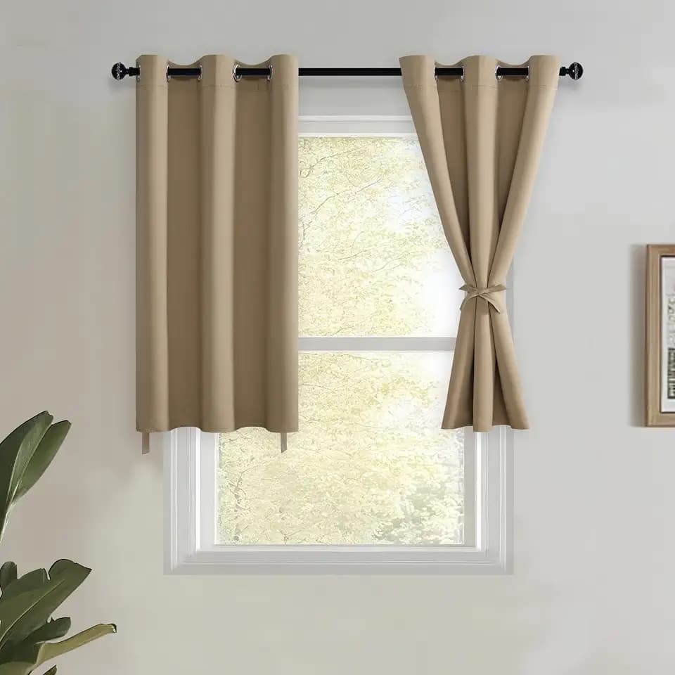 JIUZHEN Short Curtains Kitchen Half Window Blackout Curtains with Tiebacks for Baseroom Shadows, Grommet Curtains for Living Room, Set of 2 Window Curtain Panels, 42 x 30 Inch Length，Camel