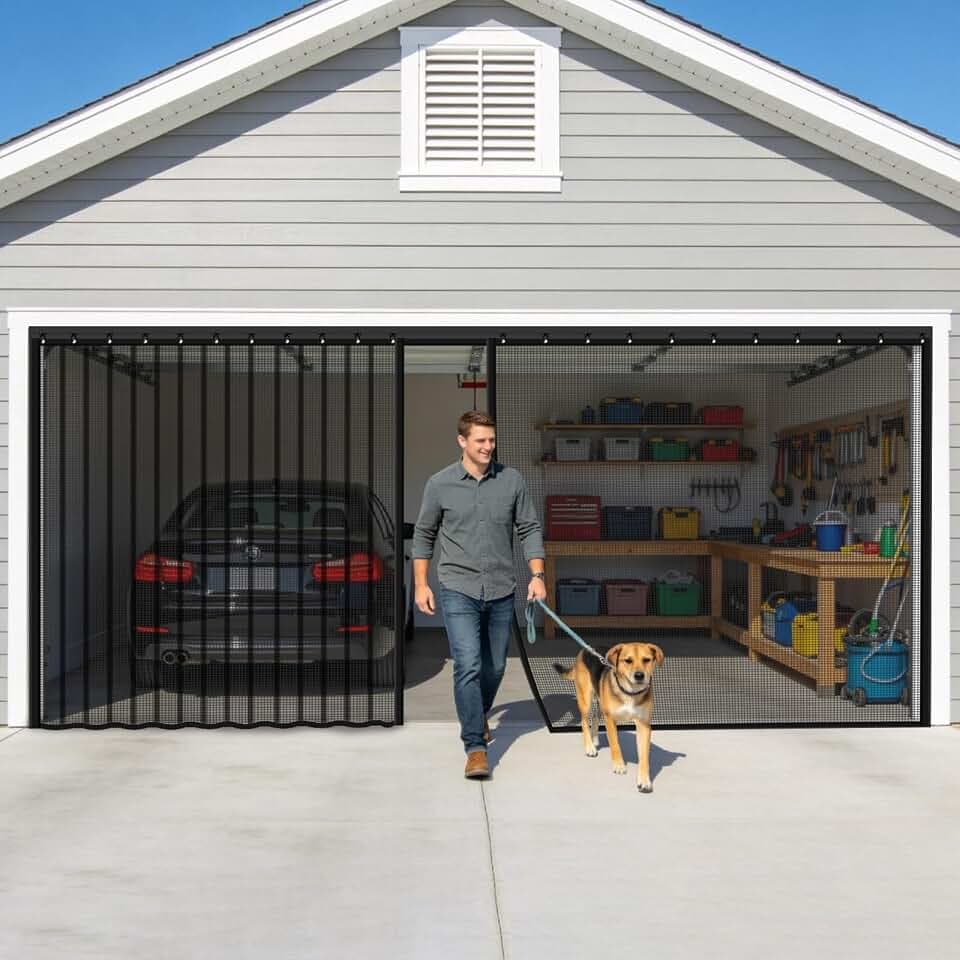 Sliding Garage Door Screen for 1 Car Garage 9x7FT, Sliding Screen Door with Track Cloure& Retractable Fiberglass Mesh, Heavy Duty Weighted Bottom with Sleeve, Easy Assembly &Pass for Garage/Patio