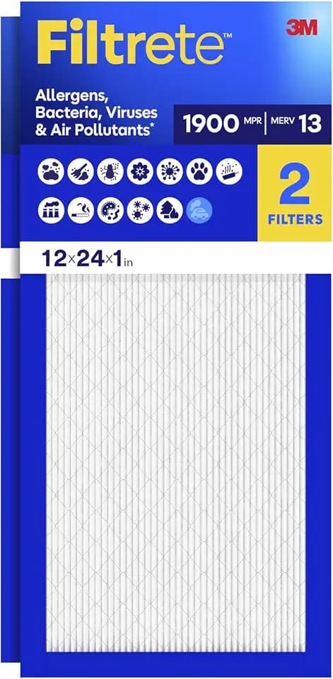 Filtrete 12x24x1 Air Filter, MERV 13 MPR 1900, Allergens, Bacteria, Viruses & Air Pollutants, 3-Month AC/Furnace Filters, Cleaner Air Reliable Airflow, 2 HVAC Filters(Act Size 11.68x23.68x0.78 in)