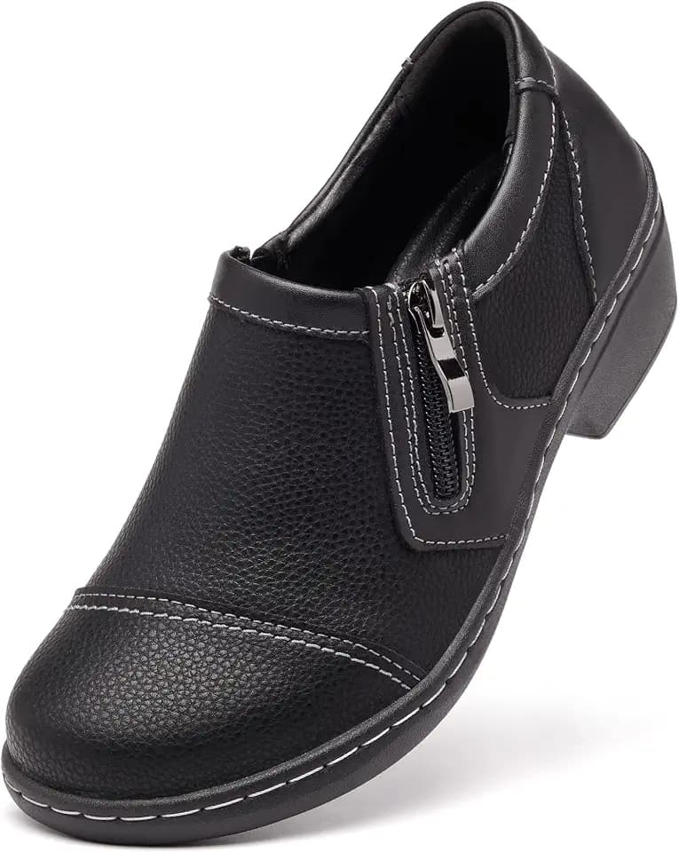 Womens Wide Width Loafers Vegan Leather Slip On Dress Shoes Comfortable Orthopedic Business Casual Work Footwear with Side Zipper