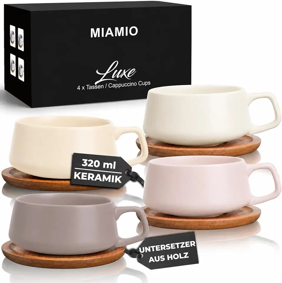 MIAMIO - Cappuccinotassen Set, Kaffee Tassen (4×280 ml) - Luxe (Cream Rose)