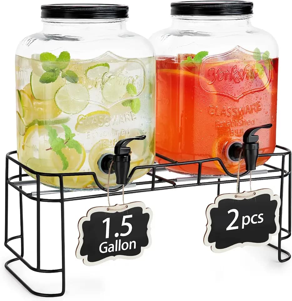 FavorFlavor 2pcs 1.5 Gallon Glass Drink Dispenser with Metal Stand
