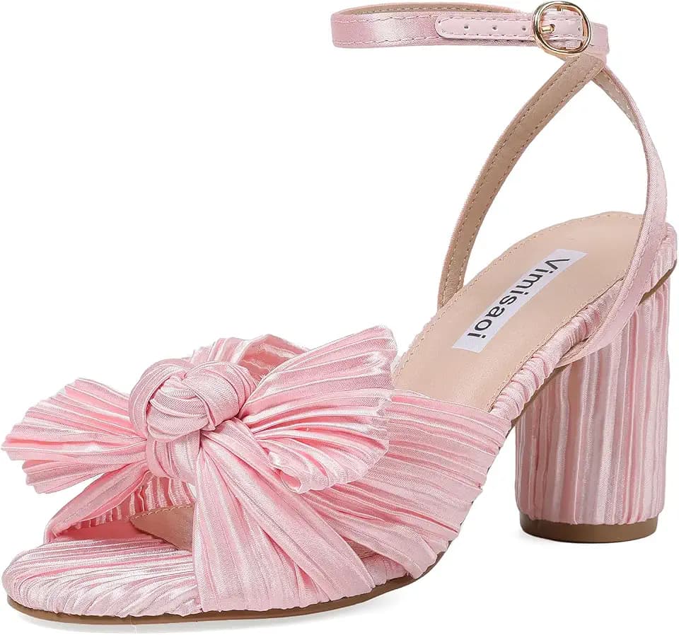 VIMISAOI Bow Pleated Heeled Sandals Women Open Toe Block Chunky Heel