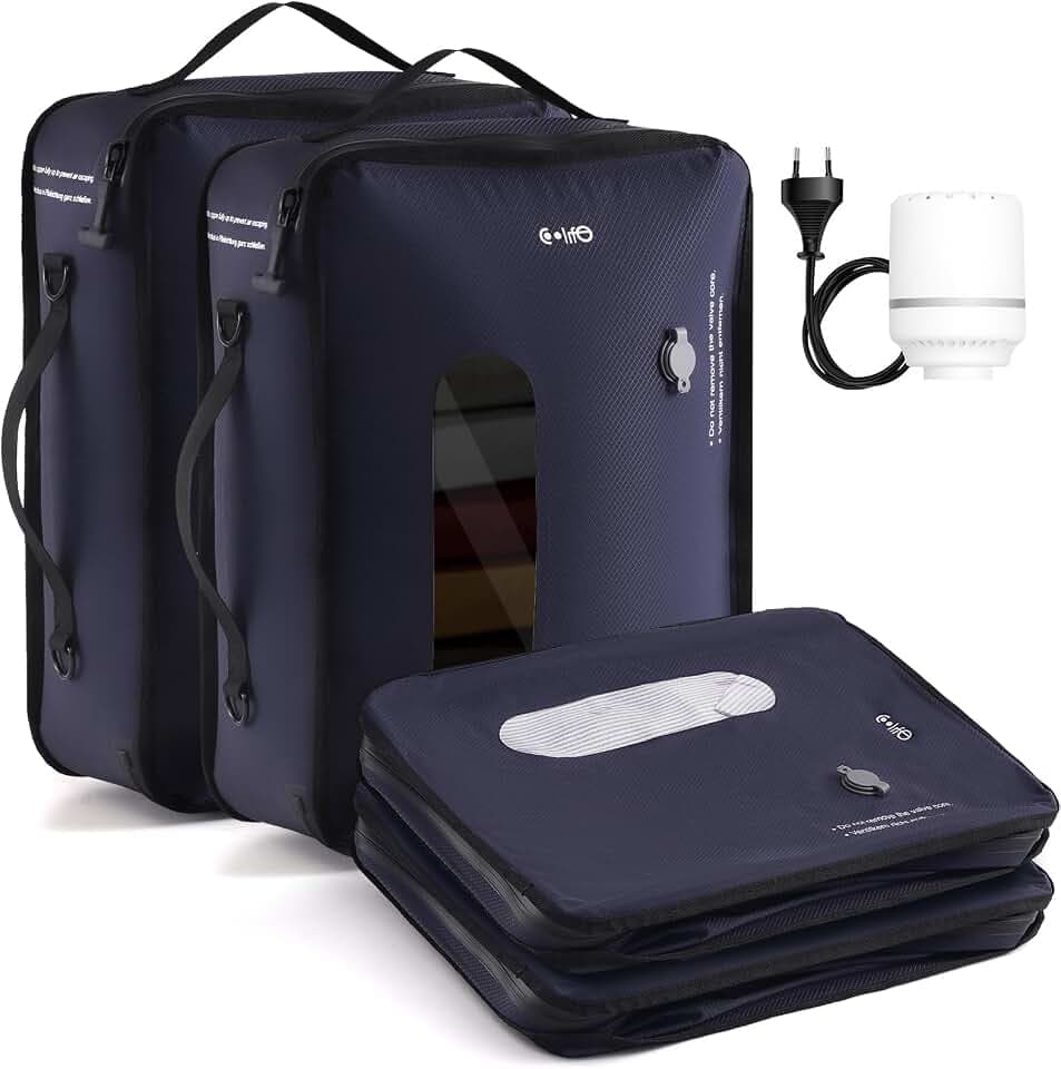 COOLIFE Vakuumbeutel*2 für Kleidung Reise, Abnehmbar Wiederverwendbare Kompressionsbeutel für Koffer und Rucksack, Platzsparend,Leicht und Langlebig (Blau, Vakuumbeutel*2+Pumpe*1)