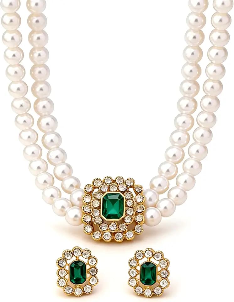 Classic Double Strand Faux Pearl Choker Necklace and Earrings Set with Crystal Accent, Elegant Jewelry for Special Occasions and Everyday Wear