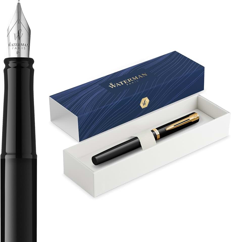 Waterman Impression Füller | Feine Feder mit blauer Tintenpatrone | Schwarzer Lack mit goldbeschichtetem Zierrat | Geschenkbox