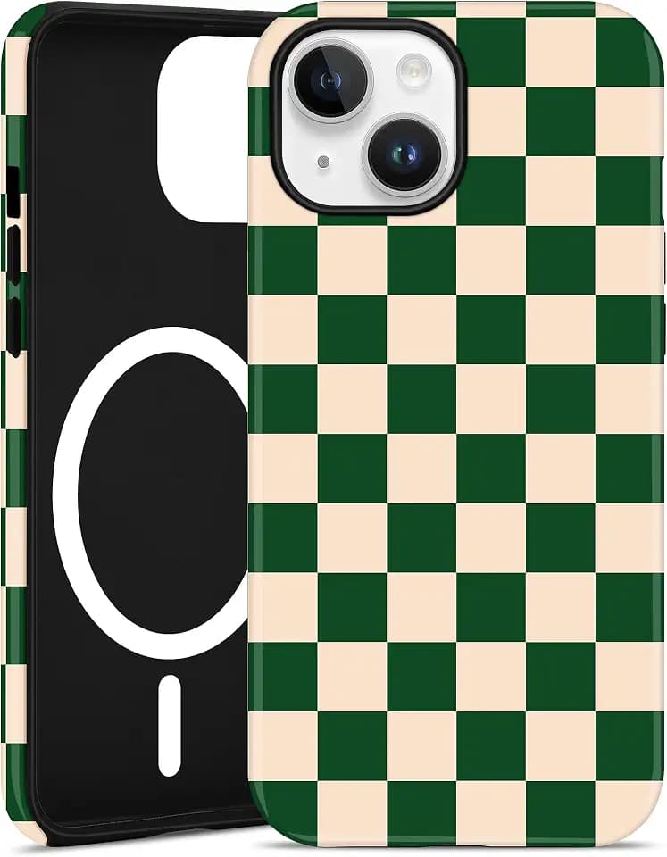 Jusy Magnetic Checkered Phone Case for iPhone 15,Dark Green
