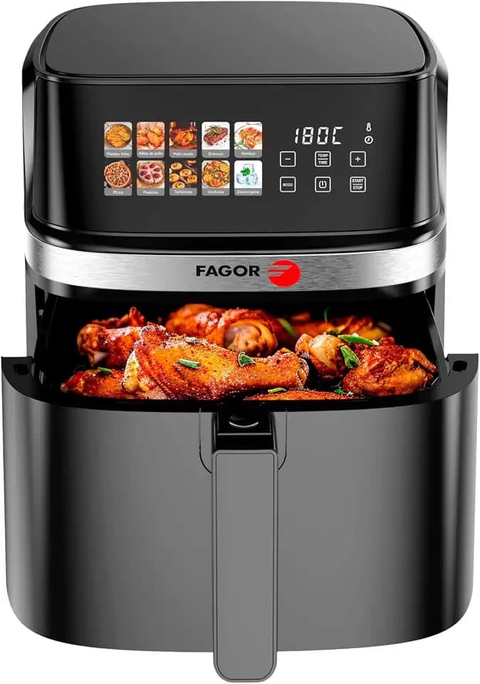 Fagor Naturfry Luxe Luftfritteuse mit doppeltem Widerstand, Leistung 2200 W, 8 l Fassungsvermögen, Touch-Bedienfeld mit 10 Funktionen, Temperaturregelung 80-200 °C