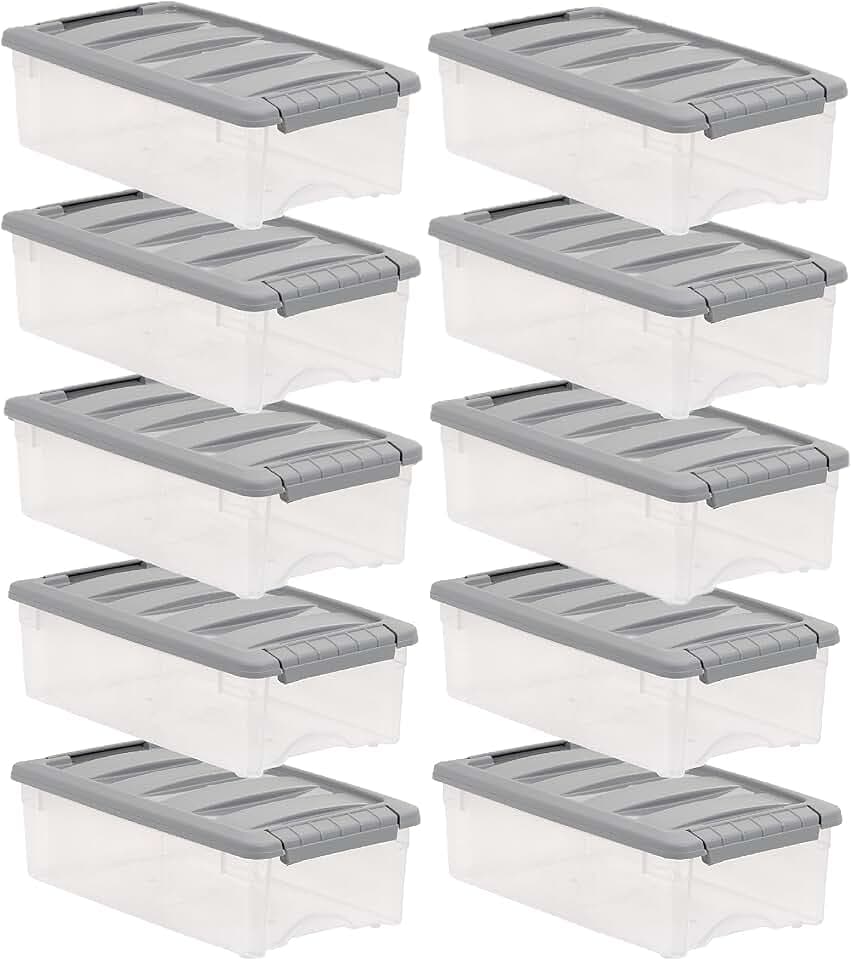 Amazon Basics Plastic Storage Containers with Secure Latching Lids, Stackable Organization Bins, Clear/Grey, 5 Quart, Set of 10