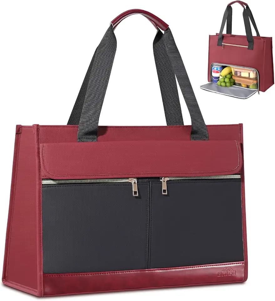 Lunch Tote Bag for Women - 15.6 Inch Laptop Work Bag with Insulated Lunch Compartment - Large Capacity Quilted Computer Handbag - Leakproof Lunch Box for Women Adults, Red-black