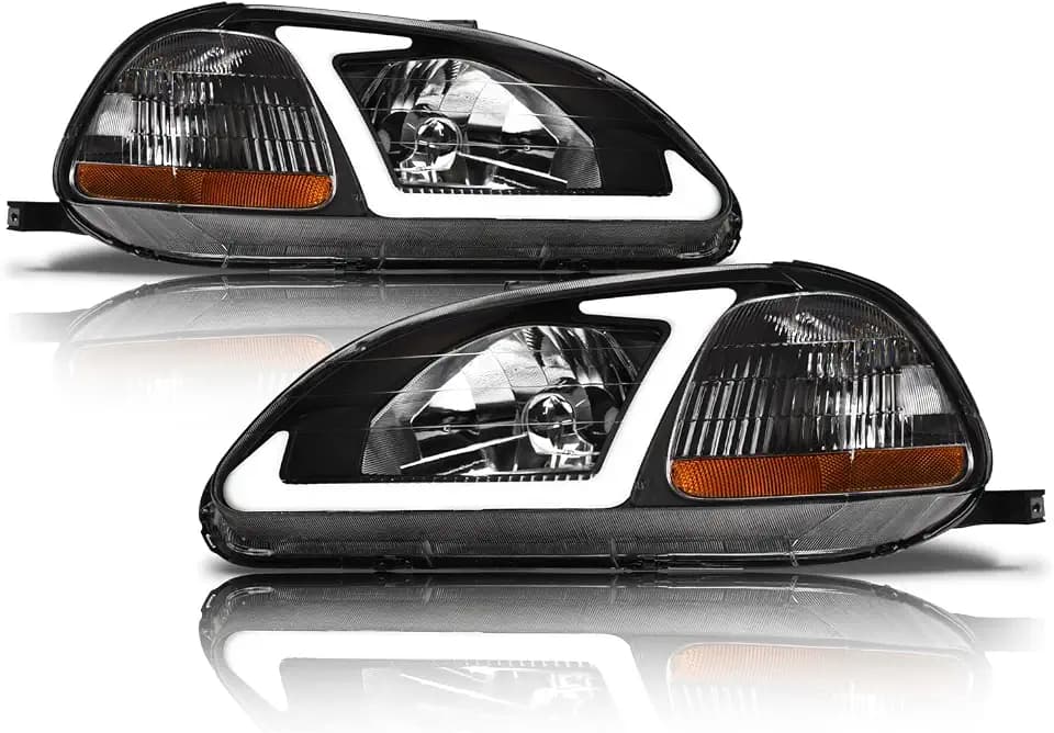Alpha Owls 8711972 Crystal Headlights With White LED Light Bar - Black Amber Fits 1996-1998 Honda Civic