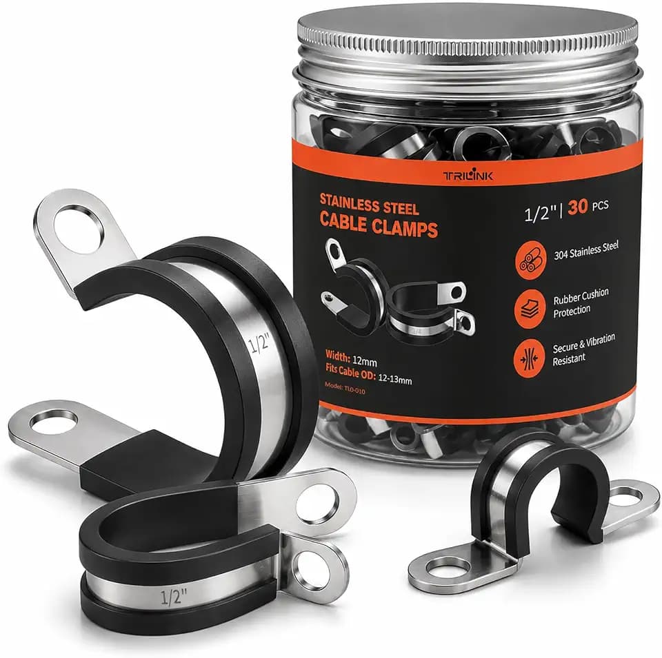 1/2" Cable Clamps, 30PCS 304 Stainless Steel P (Adel) Clamps, Rubber Cushioned Hose Routing Clamps, Anti-Vibration Rubber Insulated Clamps for Automotive, RV, Garage & Workshop Wiring