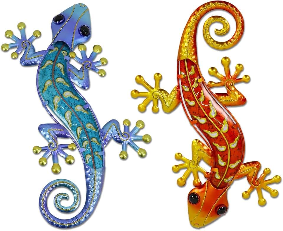 HONGLAND Metall-Gecko-Wandkunst, 38,1 cm, Eidechse, Outdoor-Dekoration, hängende Glas-Skulptur, 2 Stück, Gecko-Wandkunst-Dekorationen für Garten, Zaun, Zuhause