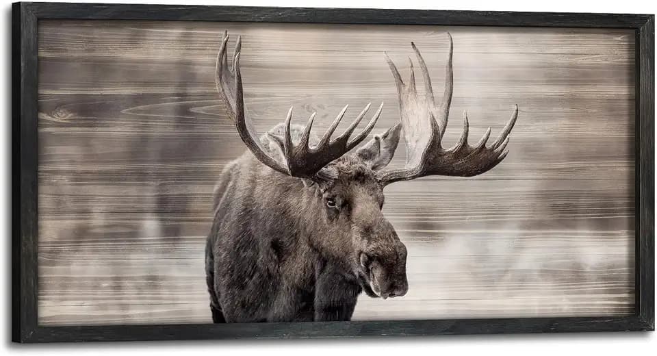 Rustic Moose Wall Art, Wildlife Framed Wood Picture Cabin Decor, 24x12 Inch