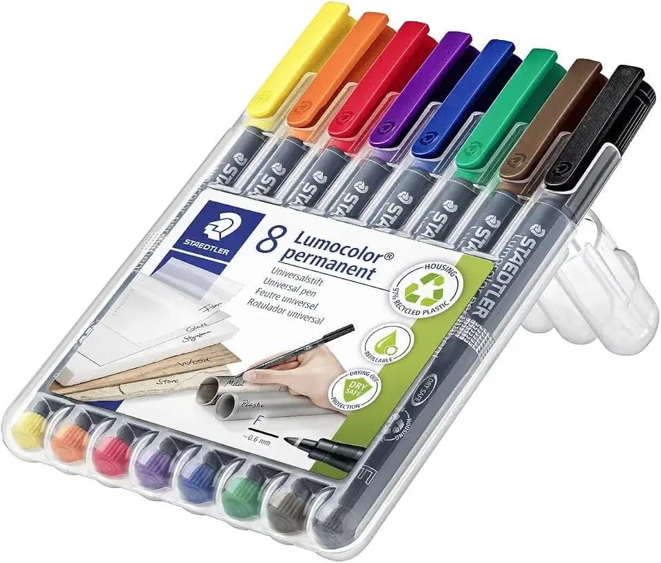 STAEDTLER Lumocolor Permanent Universal Pen: Set of 8 Permanent Markers, Assorted Colors, Felt Tip, Fine Tip 0.6mm - Multi Surface, Quick Dry, Smudge-Proof & Waterproof - For Home, School & Office