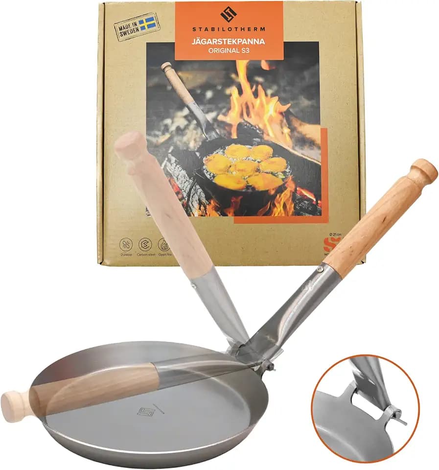 Jägerpfanne mit Holz Klappgriff | zum Outdoor kochen & braten über offenem Feuer oder Grill