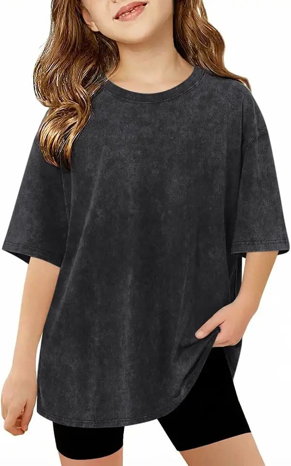 BINTEHGS Girls Oversized T Shirts Kids Cotton Tshirt Summer Short Sleeve Tops Kids Acid Wash Shirt Basic Crew Neck Tee