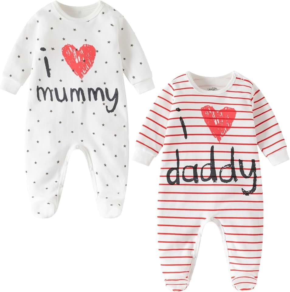 Unisex Baby Schlafanzüge 2er Pack - I Love Mummy & Daddy Baumwolle Fußstrampler - Neugeborene bis 24 Monate Baby Bodys für Jungen und Mädchen