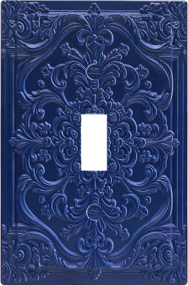 Decorative Light Switch Plate Covers Navy Blue 3D Rococo Vintage Floral Luxury Embossed 1 Gang Light Switch Cover Plate Single Toggle Wall Plate Outlet Covers Faceplate for Bedroom Home Decor