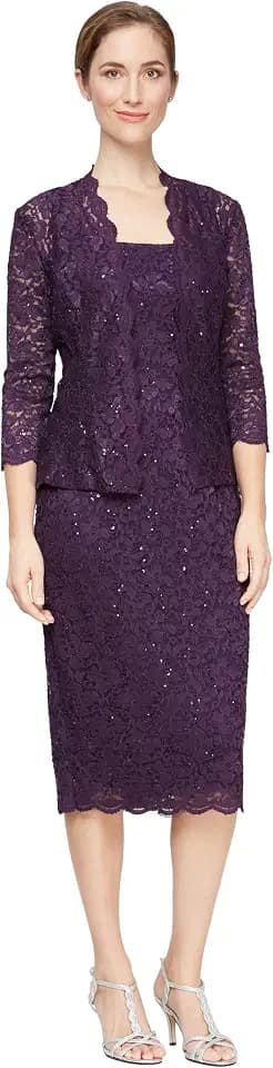 S.L. Fashions Women's Tea Length Sequin Lace Mother of The Bride Dress with Illusion Sleeve Jacket