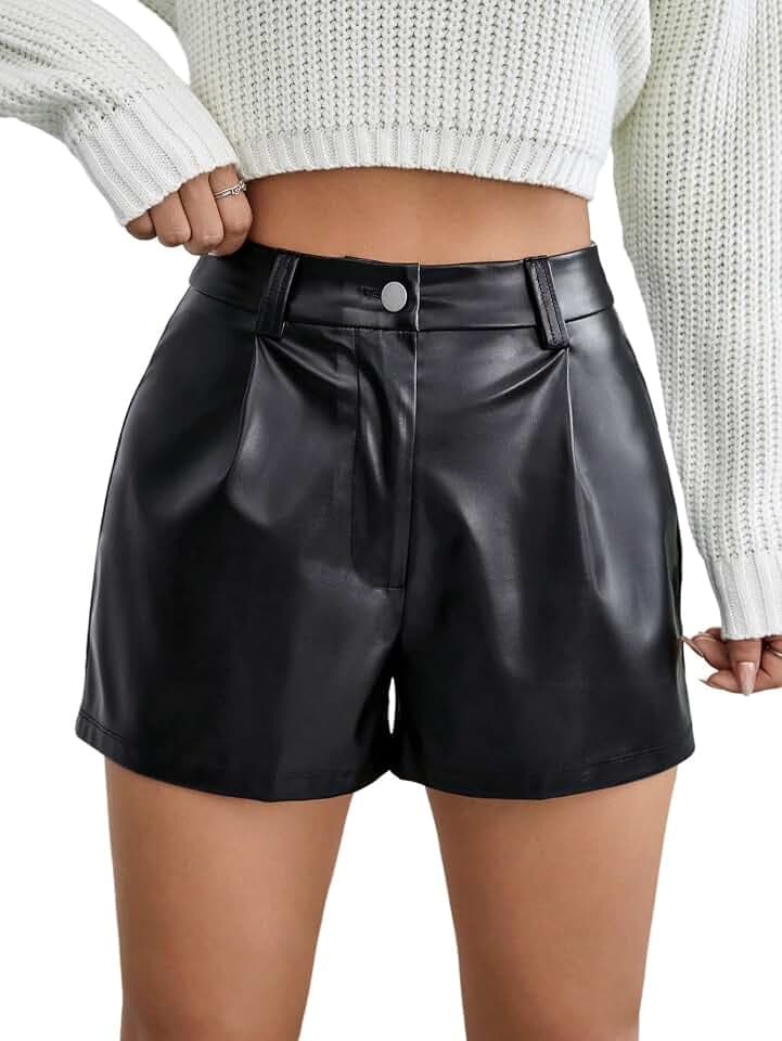 SOLY HUX Damen PU Leder Short Hose Kurz Kunstlederhose mit Reißverschluss Lederoptik Hotpants Hoher Taille Minishort Festival Outfit