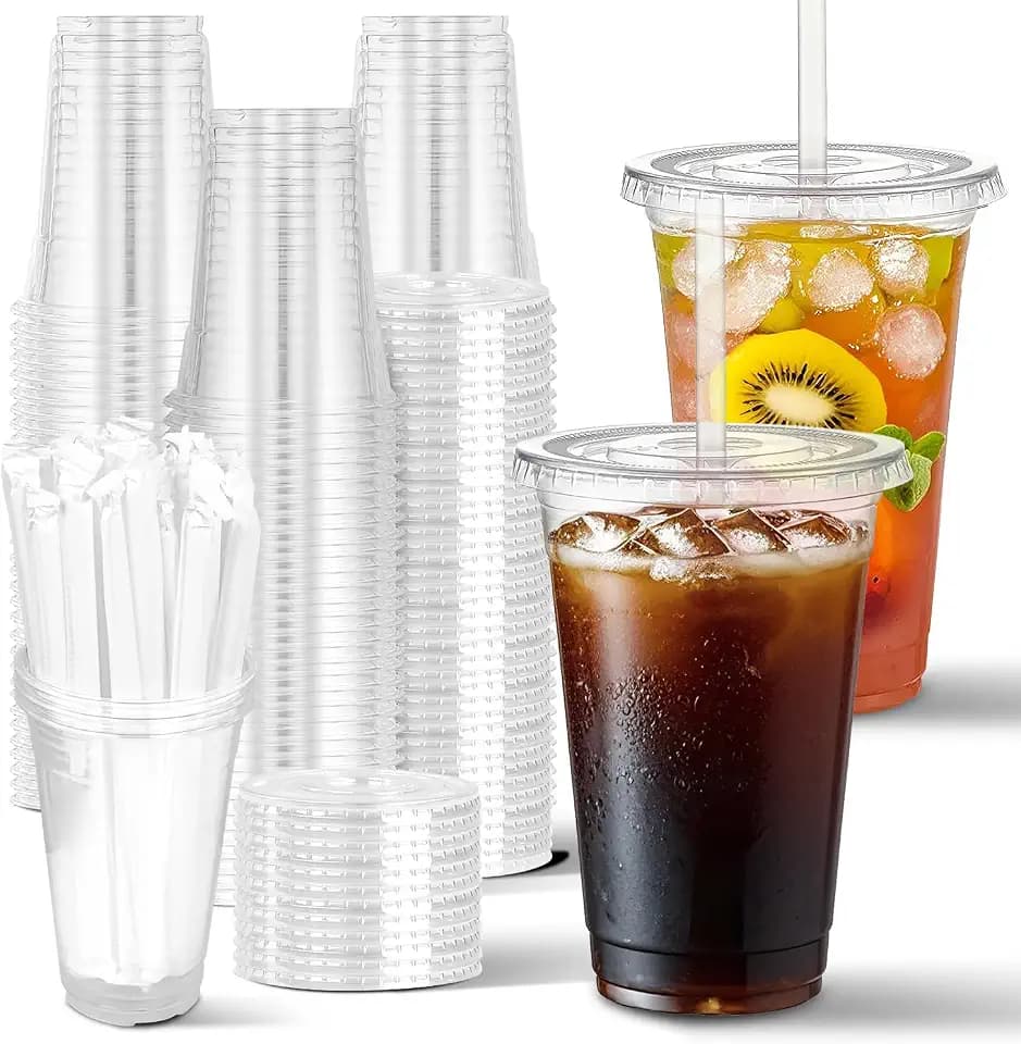 Charmount 100 Sets- 20 oz Clear Plastic Cups with Lids and Straws