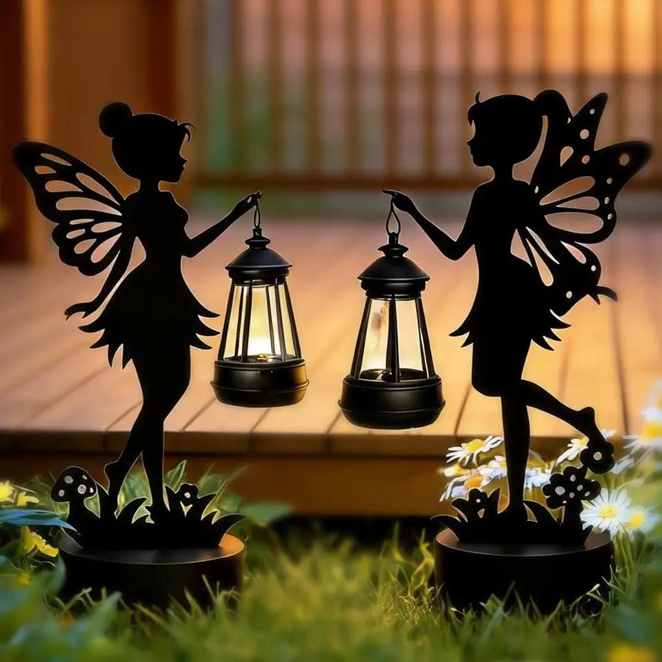 2 Stück Metall Fee Licht Solar-Dekoration Außen,Eiserne Feenstatue, 30 cm Groß Gartenornamente mit Solarbetriebenen Lichtern, wasserdichte Gartenstatue, Dekorationen für Terrasse, Rasen, Hof