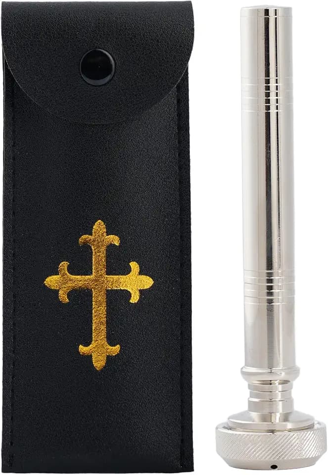 Christian Pocket Holy Water Sprinkler with Cross Leather Case,5 Inches Stainless Steel Catholic Holy Water Container