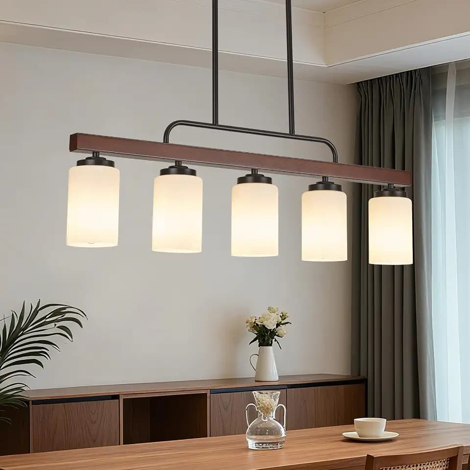 Farmhouse Wood Dining Room Light Fixture Over Table with Milk Glass Shade