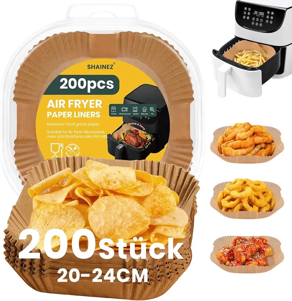 Backpapier für Heißluftfritteuse, 200 Stück Airfryer Backpapier 20-24 CM, Antihaft Wasserdicht Ölfest Einwegschalen Luftfritteuse Pergamentpapier Liner für Heißluftfritteuse Ofen Mikrowelle Bratpfanne