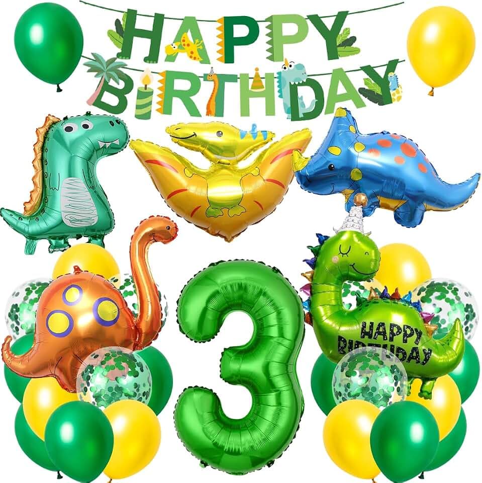 Dino Geburtstag Deko 3 Jahre, XXL Dinosaurier Deko Kindergeburtstag, Geburtstagsdeko Jungen 3 Jahre, Folienballon Dino 3 mit Happy Birthday Banner für Dinosaurier Party Kindergeburtstag