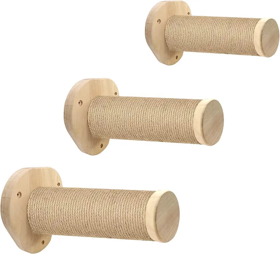 Katzentreppe Wand, Kletterstufe (3pcs), mit Neuer Zapfen-nut-Verbindung,massives Gummibaumholz, Ø 9 x L32 cm Sisal-Pfosten, Wandmontage Jute-Kratzäulen, DIY Kletterwand Katzen