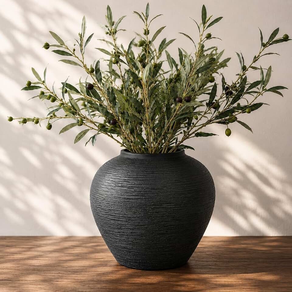 Black Ceramic Vase 7" H Round Rustic Flower Vase for Home Decor