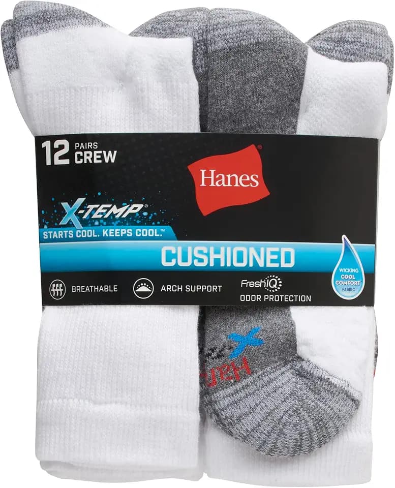 Hanes Mens Socks, X-temp Cushioned Crew 12-pack, White, 6-12 US