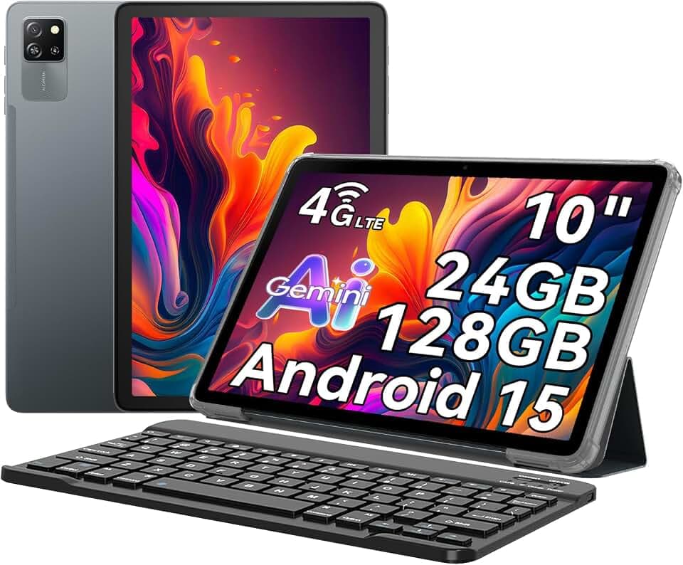Blackview Tab60 Pro Android 15 Tablet 10 Zoll, 24GB(8GB+16GB Erweiterung) RAM+128GB ROM(2TB TF), Dual 4G LTE SIM,Octa Core PC Tablets, 7700mAh Akku, Widevine L1 HD Display, 5G WiFi, Face ID, GPS